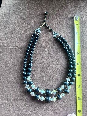 Vintage Black Beaded Double-Strand Necklace with Iridescent Crystals